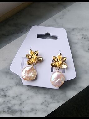 Gold Floral Natural Coin Pearl Drop Earrings - (White)